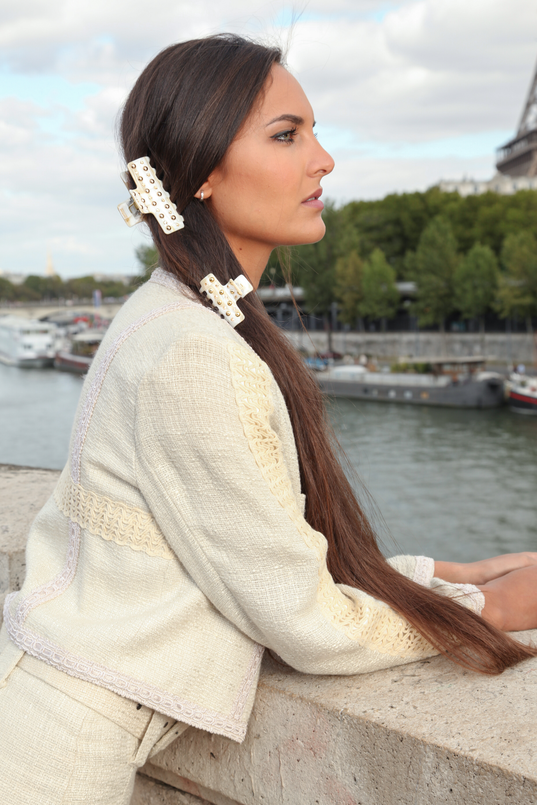 MC Davidian Studded and Rhinestones Hair Clip GM on thick hair — handmade French acetate clip with Swarovski