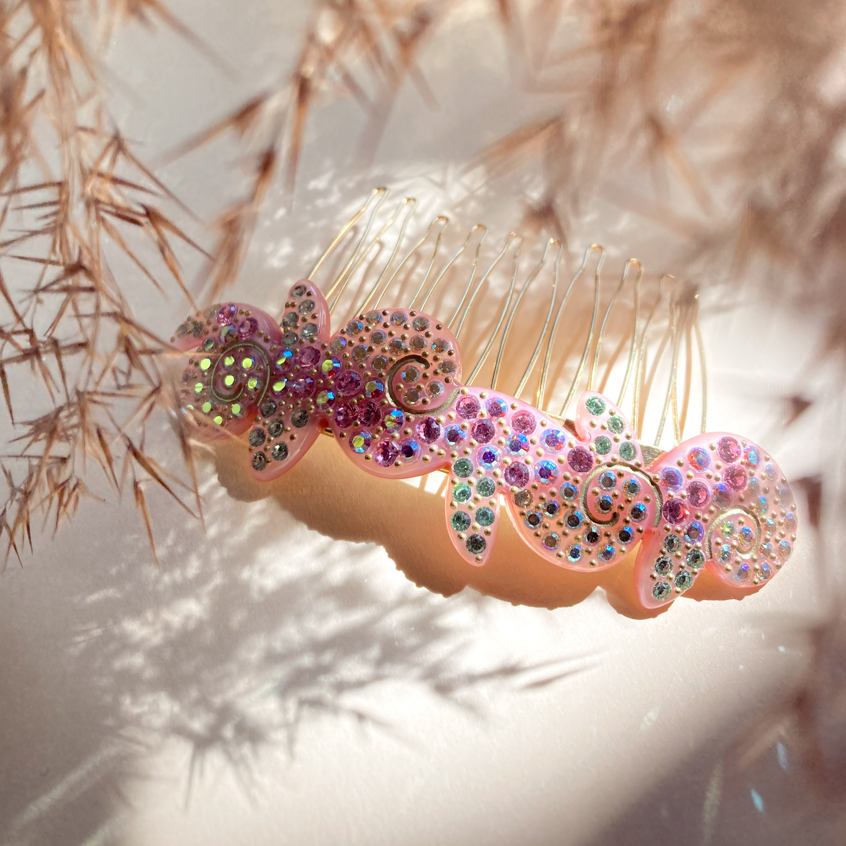 Woman wearing a MC Davidian Renaissance Sparkling Comb MM — Swarovski Very Full rhinestone comb in a grand updo