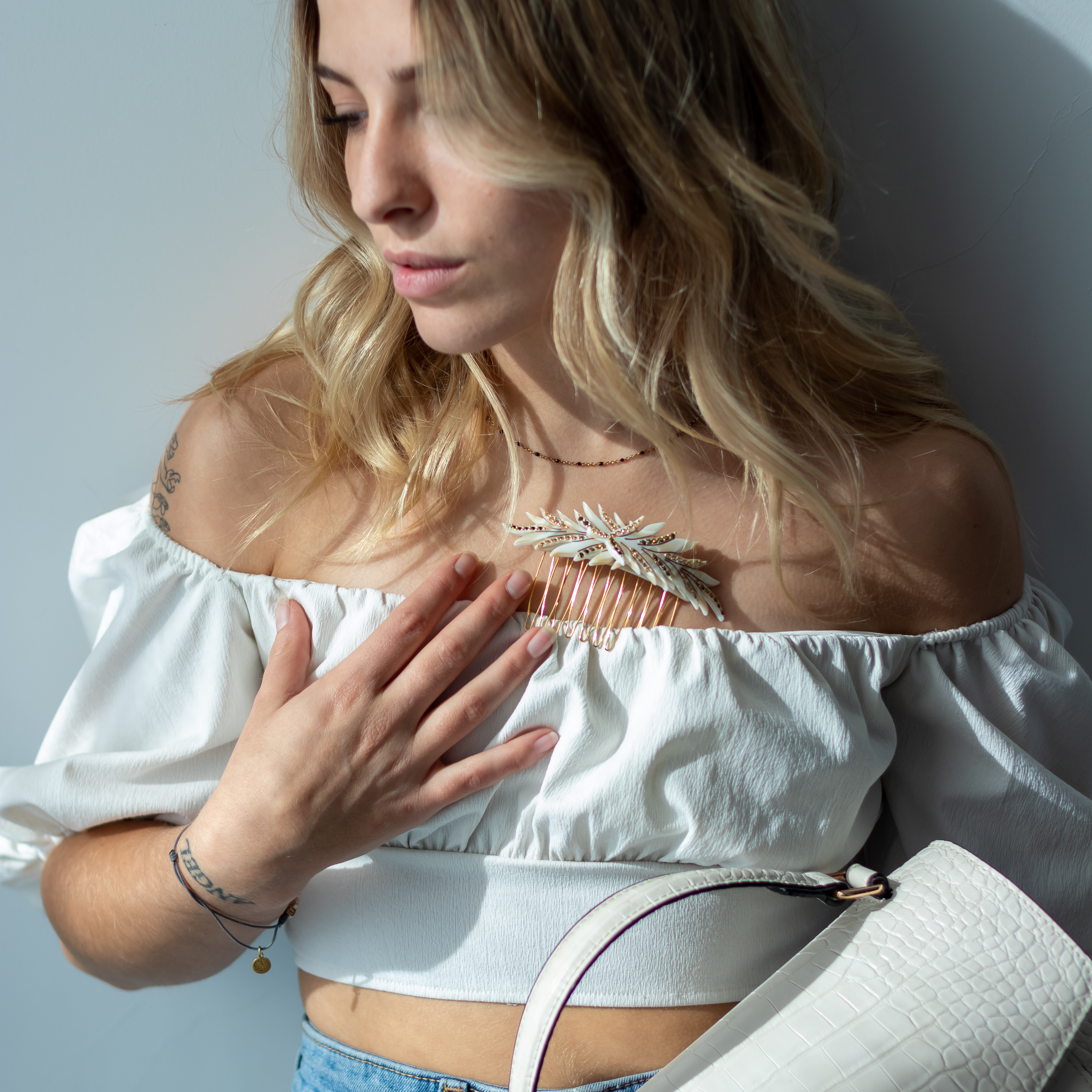 Woman wearing a MC Davidian Feathers Brillant Golden Comb MM in a half-up style — rhinestone French hair comb handmade in France