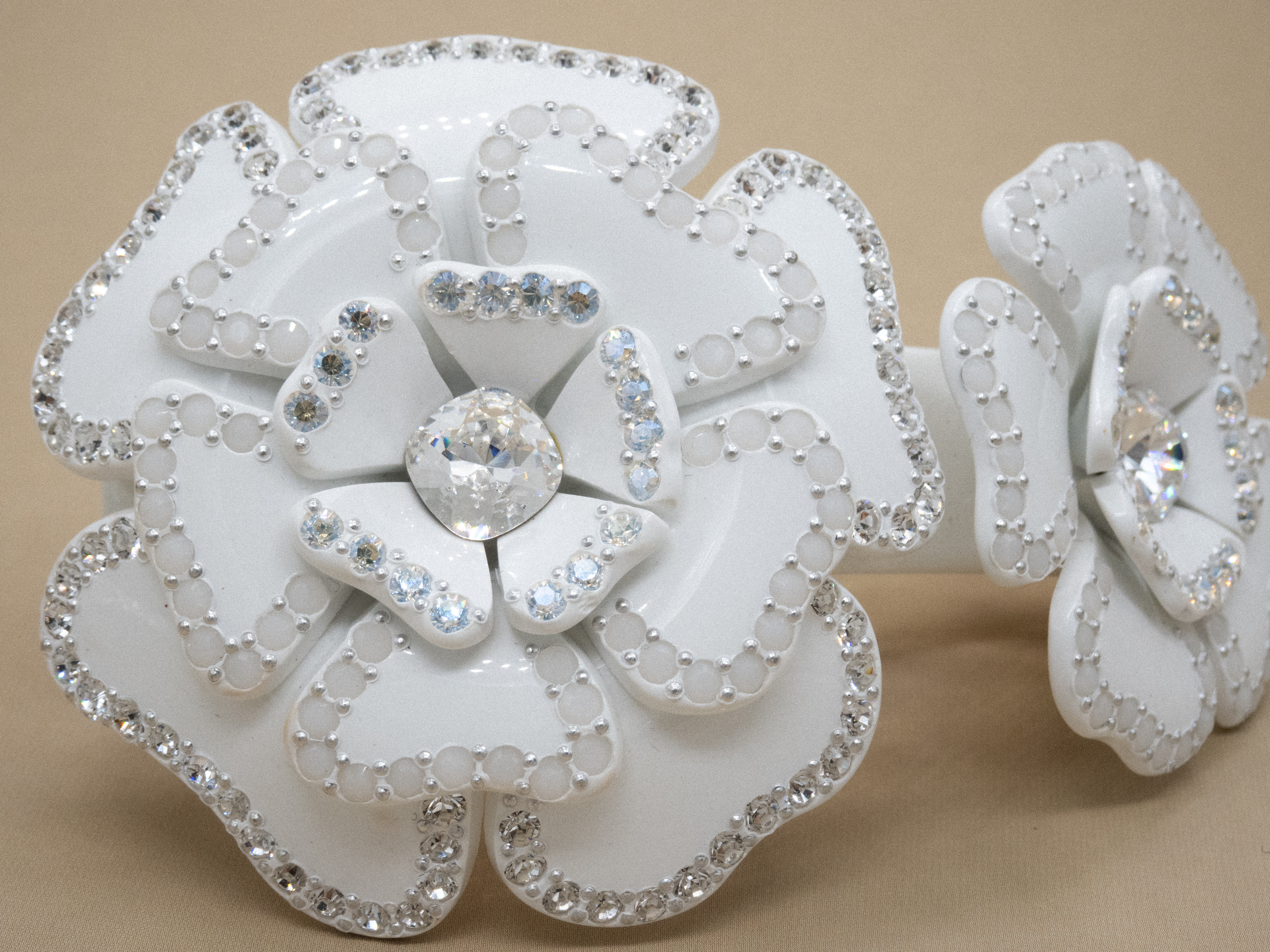 French hair barrette New Camellias Brillant TGM worn in a ponytail — handmade in France by MC Davidian